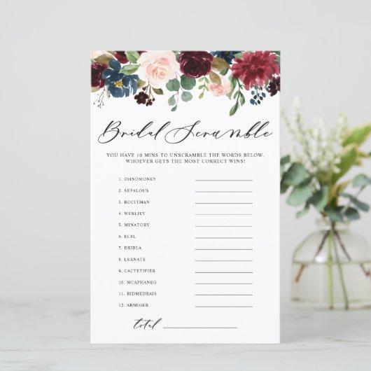 Burgundy Floral Word Scramble Brautparty Game (Stehend Vorderseite)