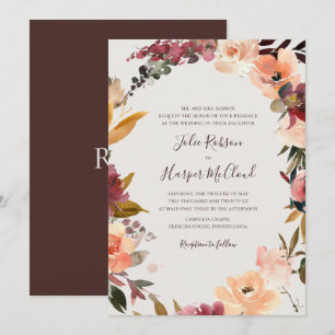 Burgundy Floral Wreath   Beige Traditionelle Hochz Einladung