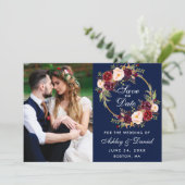 Burgundy Floral Wreath Blue Save the Date Foto (Stehend Vorderseite)