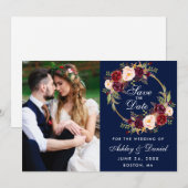 Burgundy Floral Wreath Blue Save the Date Foto (Vorne/Hinten)