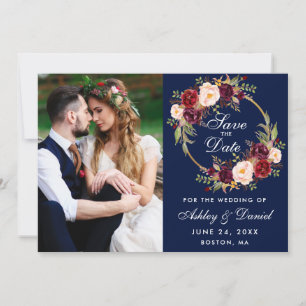 Burgundy Floral Wreath Blue Save the Date Foto B