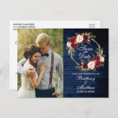 Burgundy Floral Wreath Blue Wood Save the Date Postkarte (Vorne/Hinten)
