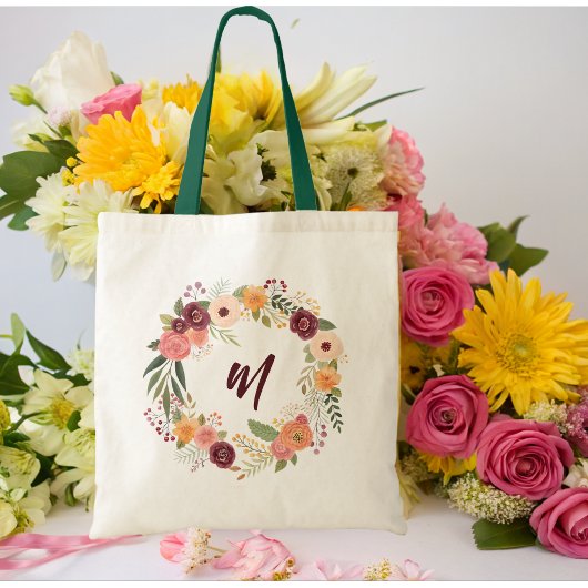 Burgundy Floral Wreath Bridesmaid Initial Tragetasche