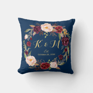 Burgundy Floral Wreath Navy Blue Wedgram Kissen