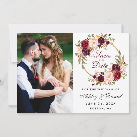 Burgundy Floral Wreath Save the Date Foto (Vorderseite)