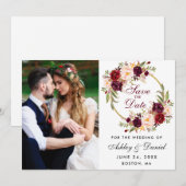 Burgundy Floral Wreath Save the Date Foto (Vorne/Hinten)