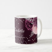 Burgundy florale elegante Monogrammnamen Kaffeetasse (VorderseiteRechts)