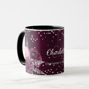 Burgundy florale elegante Monogrammnamen Tasse