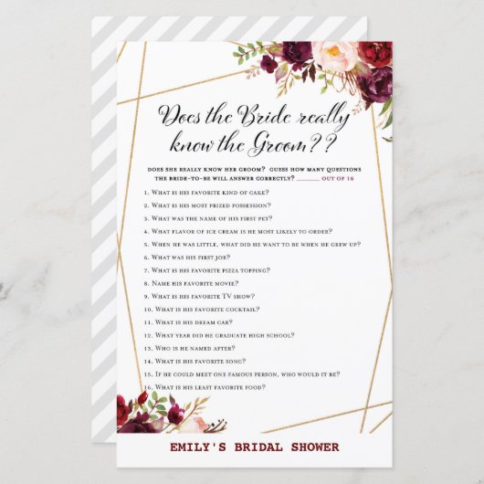 Burgundy Florals Brautparty Game PRINTED (Vorne/Hinten)