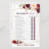 Burgundy Florals Brautparty Game PRINTED (Vorne/Hinten)