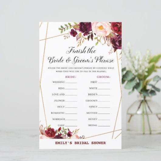 Burgundy Florals Brautparty Game PRINTED (Stehend Vorderseite)