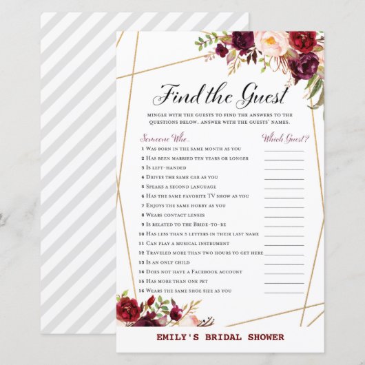 Burgundy Florals Brautparty Game PRINTED (Vorne/Hinten)