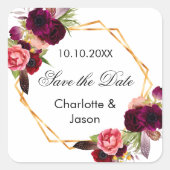 Burgundy florals geometrische Hochzeit Speichern S Quadratischer Aufkleber (Vorderseite)