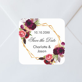 Burgundy florals geometrische Hochzeit Speichern S Quadratischer Aufkleber