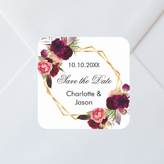 Burgundy florals geometrische Hochzeit Speichern S Quadratischer Aufkleber