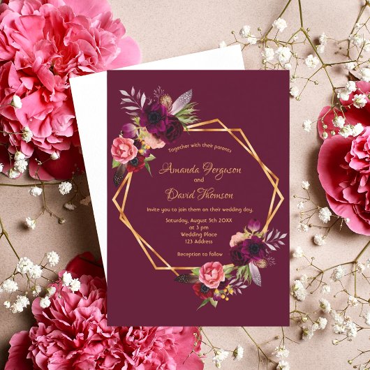 Burgundy florals Gold geometrische boho Hochzeit Einladung