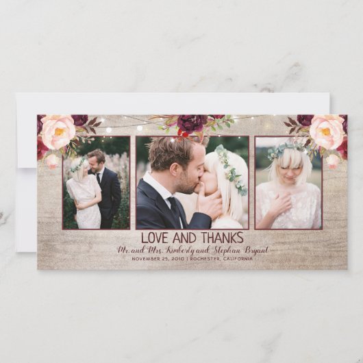 Burgundy Florals Rustikale Hochzeit Dankeskarte (Vorderseite)