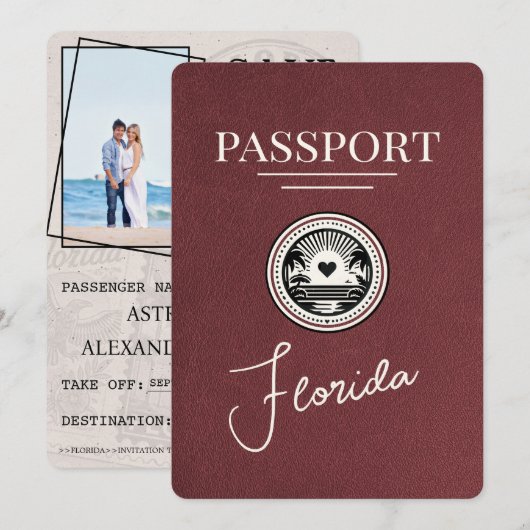 Burgundy Florida Passport Save the Date (Vorne/Hinten)