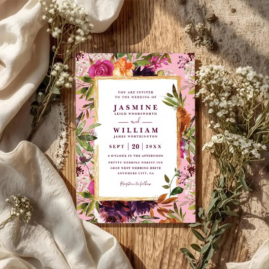 Burgundy Flower Boho Rustic QR Code Wedding Einladung