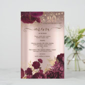 Burgundy Flowers Glitter 90th Birthday Menu Card (Stehend Vorderseite)