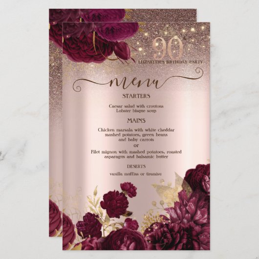 Burgundy Flowers Glitter 90th Birthday Menu Card (Vorne/Hinten)