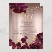  Burgundy Flowers Glitter Rose Gold 30thBirthday   Einladung (Vorne/Hinten)