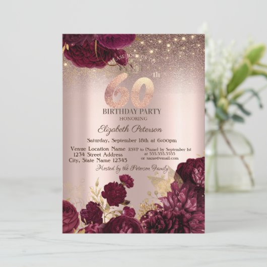 Burgundy Flowers Glitter Rose Gold 60thBirthday Einladung (Stehend Vorderseite)