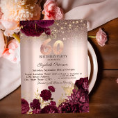 Burgundy Flowers Glitter Rose Gold 60thBirthday Einladung