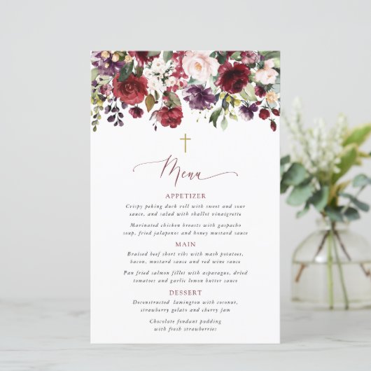 Burgundy Flowers, Pink Flowers, Baptism Menu (Stehend Vorderseite)