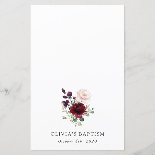Burgundy Flowers, Pink Flowers, Baptism Menu (Rückseite)