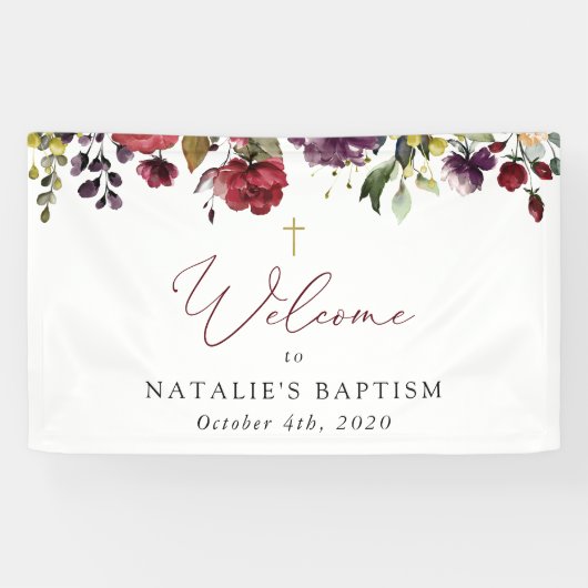 Burgundy Flowers, Pink Flowers, Baptism Welcome Banner (Horizontal)