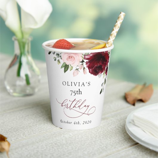 Burgundy Flowers, Pink Flowers, Boho, Birthday Pappbecher (In Situ)