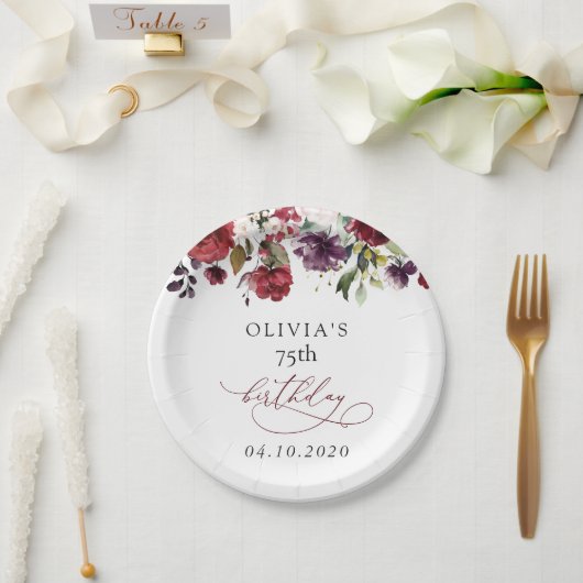 Burgundy Flowers, Pink Flowers, Boho, Birthday Pappteller (Hochzeit)