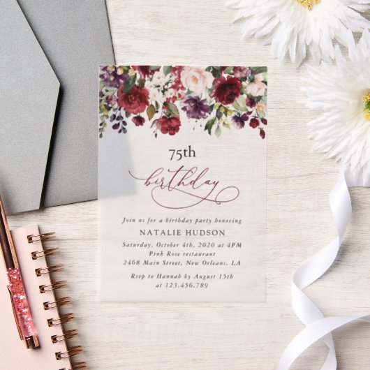 Burgundy Flowers, Pink Flowers, Boho, Birthday Pergament Einladungen (Hochzeit)