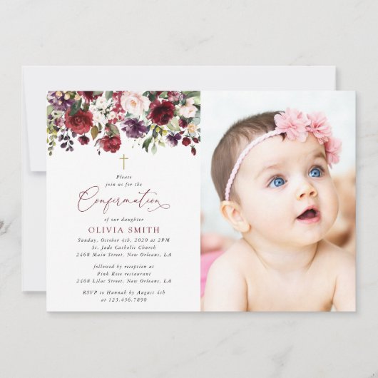 Burgundy Flowers, Pink Flowers, Boho, Confirmation Einladung (Vorderseite)