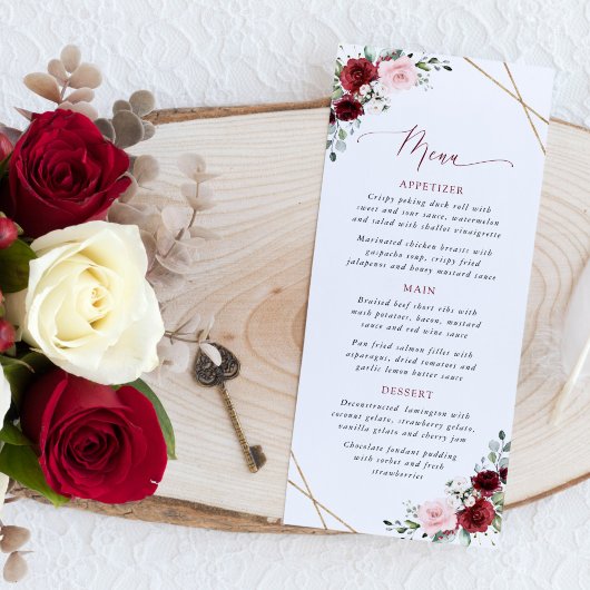 Burgundy Flowers, Pink Flowers, Boho, Wedding Menu Menükarte