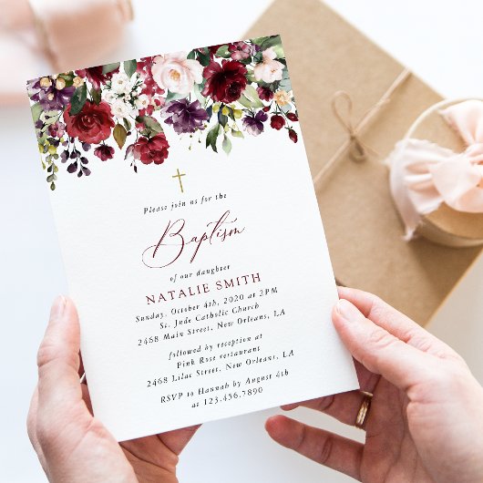 Burgundy Flowers, Pink Flowers, Floral Baptism Einladung