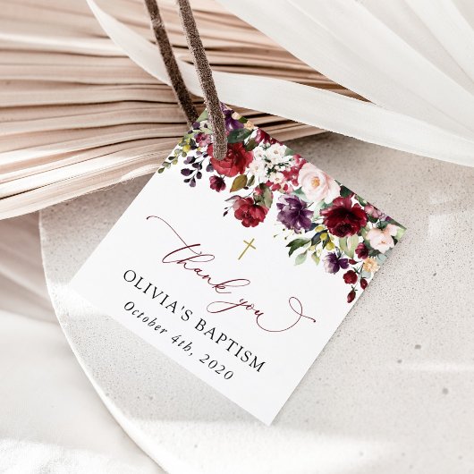 Burgundy Flowers, Pink Flowers, Floral Baptism Geschenkanhänger