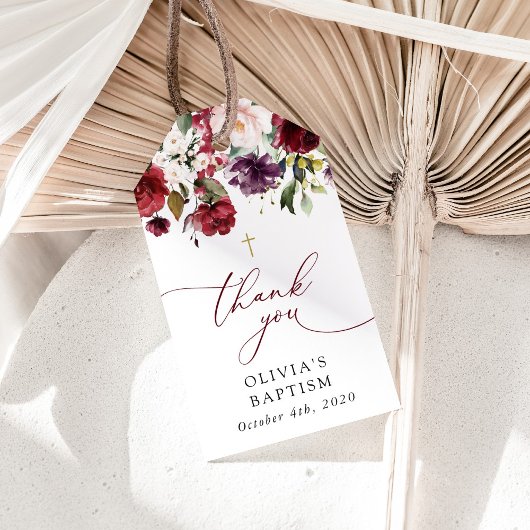 Burgundy Flowers, Pink Flowers, Floral Baptism Geschenkanhänger