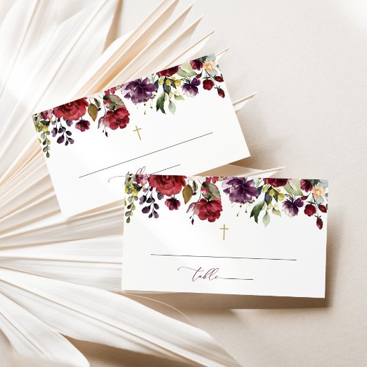 Burgundy Flowers, Pink Flowers, Floral Baptism Platzkarte