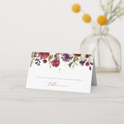 Burgundy Flowers, Pink Flowers, Floral Baptism Platzkarte (Vorderseite)