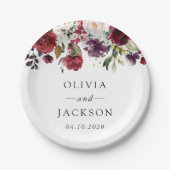 Burgundy Flowers, Pink Flowers, Greenery, Wedding Pappteller (Vorderseite)