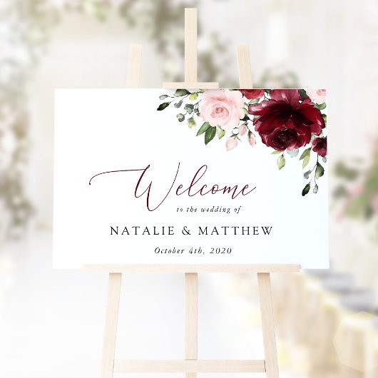 Burgundy Flowers, Pink Flowers, Wedding Welcome Poster
