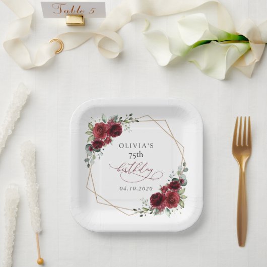 Burgundy Flowers, Red Flowers, Boho, Birthday Pappteller (Hochzeit)