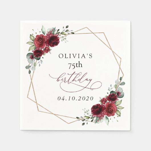 Burgundy Flowers, Red Flowers, Boho, Birthday Serviette (Vorderseite)