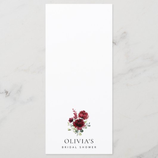 Burgundy Flowers, Red Flowers, Bridal Shower Menu Menükarte (Rückseite)