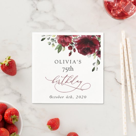 Burgundy Flowers, Red Flowers, Greenery, Birthday Serviette (Beispiel)