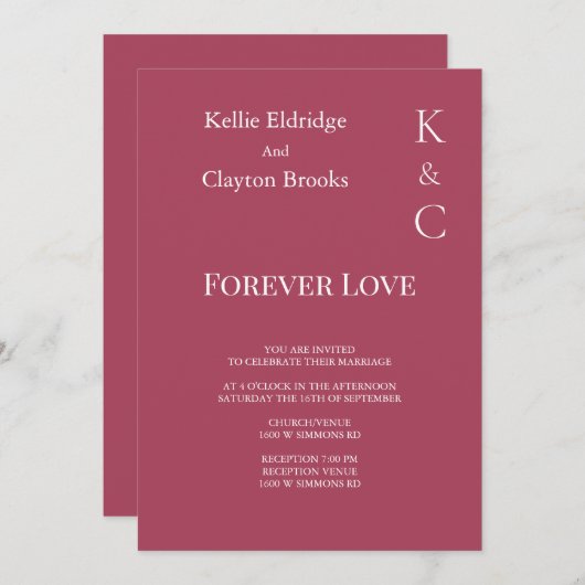 Burgundy Forever Love Wedding Einladung (Vorne/Hinten)