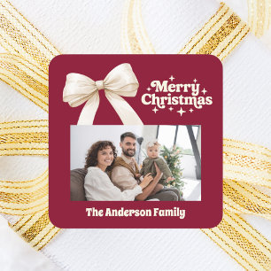 Burgundy Foto Creme Bogen Retro Weihnachten Quadratischer Aufkleber