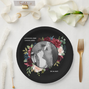Burgundy Foto Floral Elegante Hochzeit Pappteller